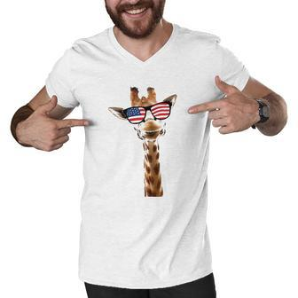 Patriotic Giraffe Usa American Flag 4Th Of July Cool Gift Men V-Neck Tshirt | Mazezy