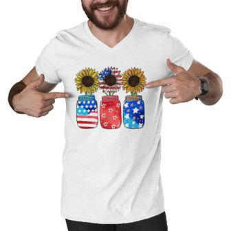 Patriotic Jar Sunflower American Flag Funny 4Th Of July Men V-Neck Tshirt | Mazezy