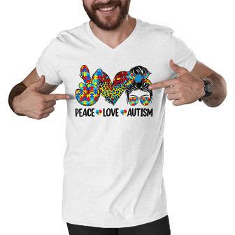 Peace Love Autism Mom Life Messy Bun Blue Autism Awareness Men V-Neck Tshirt | Favorety UK