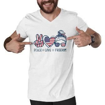 Peace Love Freedom American Flag 4Th Of July Patriot Women Men V-Neck Tshirt | Mazezy