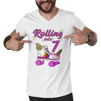 Rolling Into 7Th Birthday Unicorn Roller Skate Party Men V-Neck Tshirt | Mazezy