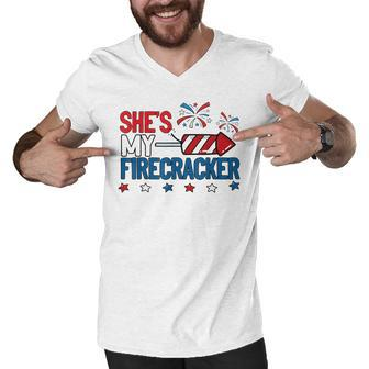 Shes My Firecracker 4Th July Matching Couples His And Hers Men V-Neck Tshirt - Seseable