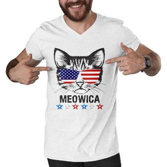Womens 4Th Of July American Flag Cat Meowica V-Neck Men V-Neck Tshirt | Mazezy