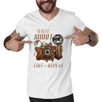 Write Shoot Edit Repeat Steampunk Flash Filmmaker Men V-Neck Tshirt | Mazezy