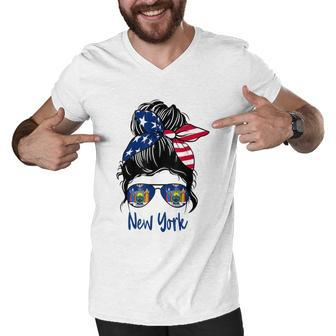 New York Girl New York Flag State Girlfriend Messy Bun Men V-Neck Tshirt - Monsterry DE