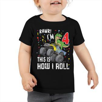 4 Year Old 4Th Birthday Boy T Rex Dinosaur Monster Truck Toddler Tshirt - Seseable