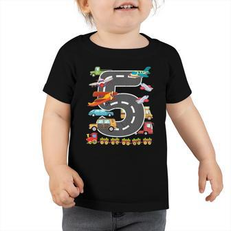 Kids Cute 5 Years Old Transportation Birthday Car Trains Plane 5 Transport Toddler Tshirt | Mazezy
