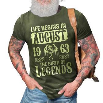 August 1963 Birthday Life Begins In August 1963 3D Print Casual Tshirt - Seseable