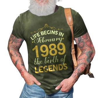 February 1989 Birthday Life Begins In February 1989 V2 3D Print Casual Tshirt - Seseable