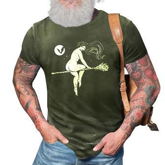 Tattooed Witch On Broomstick Full Moon & Bat Halloween 3D Print Casual Tshirt | Mazezy