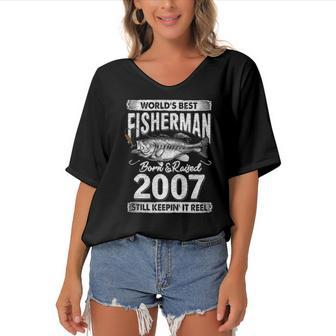 15 Years Old Fisherman Born In 2007 Fisherman 15Th Birthday Women's Bat Sleeves V-Neck Blouse | Mazezy
