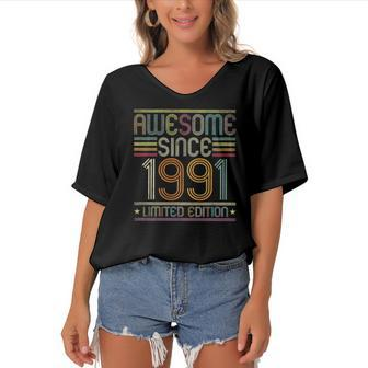 31St Birthday Vintage Tee 31 Years Old Awesome Since 1991 Birthday Party Women's Bat Sleeves V-Neck Blouse | Mazezy