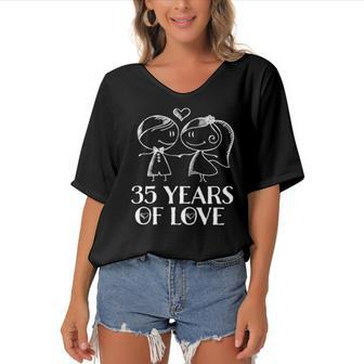 35Th Anniversary Couples 35 Year Wedding Anniversary Women's Bat Sleeves V-Neck Blouse | Mazezy
