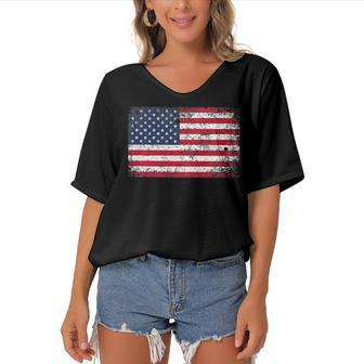 4Th Of July Distressed American Usa Flag Pocket Women's Bat Sleeves V-Neck Blouse - Seseable