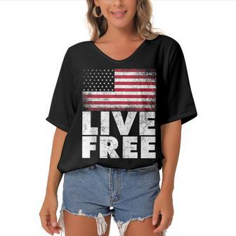 4Th Of July Gift For Men Women Live Free American Flag Gift Women's Bat Sleeves V-Neck Blouse - Seseable