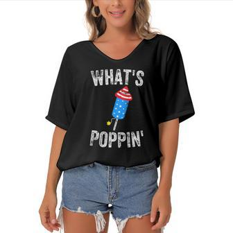 4Th Of July Summer Whats Poppin Funny Firework Women's Bat Sleeves V-Neck Blouse | Mazezy