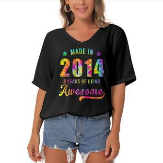 8 Years Old 8Th Birthday 2014 Tie Dye Awesome Women's Bat Sleeves V-Neck Blouse | Mazezy