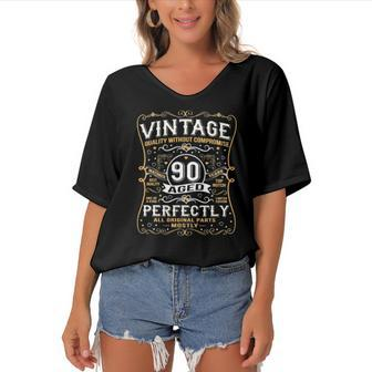 90 Years Old Gifts Vintage Born In 1932 Classic 90Th Birthday Women's Bat Sleeves V-Neck Blouse | Mazezy
