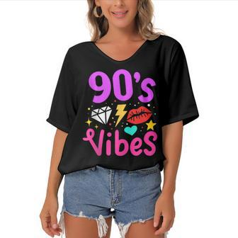 90S Vibes 90S Music Party Birthday Lover Retro Vintage Women's Bat Sleeves V-Neck Blouse - Seseable