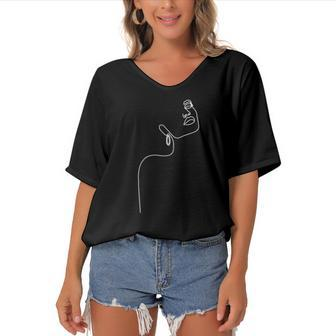 Aesthetic Minimalistic Drawing Female Face Abstract Line Art Women's Bat Sleeves V-Neck Blouse | Mazezy