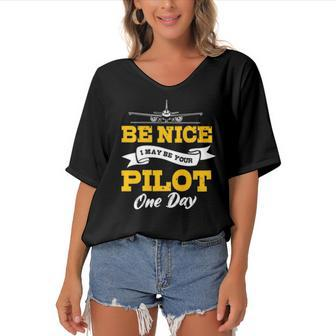 Airplane Pilot Aviator Airman Flying Fly Airwoman Aircraft Women's Bat Sleeves V-Neck Blouse | Mazezy