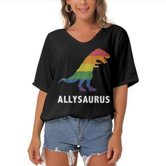 Allysaurus Dinosaur In Rainbow Flag For Ally Lgbt Pride Women's Bat Sleeves V-Neck Blouse | Mazezy