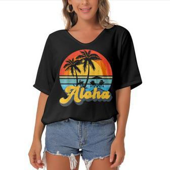 Aloha Hawaii Hawaiian Island Vintage Palm Tree Surfboard V2 Women's Bat Sleeves V-Neck Blouse - Seseable