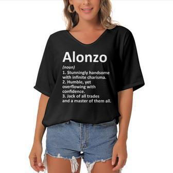 Alonzo Definition Personalized Name Funny Birthday Gift Idea Women's Bat Sleeves V-Neck Blouse | Mazezy