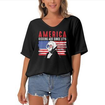 America Kicking Ass Since 1776 Funny George Washington Women's Bat Sleeves V-Neck Blouse | Mazezy