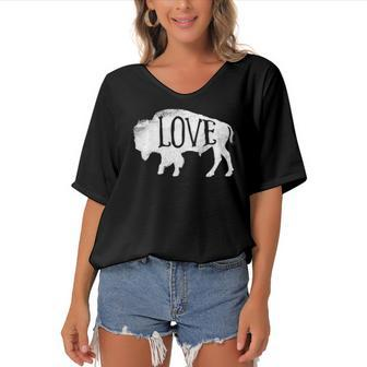 American Vintage Buffalo Silhouette Love Bison Tee Women's Bat Sleeves V-Neck Blouse | Mazezy