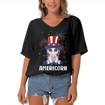 Americorn Unicorn 4Th Of July Girls Mericorn Merica Women's Bat Sleeves V-Neck Blouse - Seseable