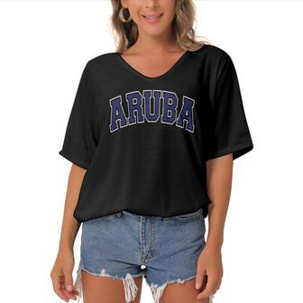 Aruba Varsity Style Navy Blue Text Women's Bat Sleeves V-Neck Blouse | Mazezy