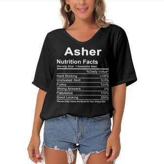Asher Name Funny Gift Asher Nutrition Facts Women's Bat Sleeves V-Neck Blouse - Seseable