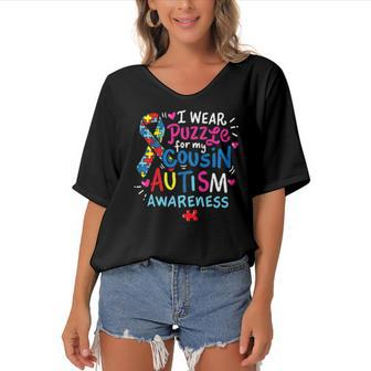 Autism Awareness I Wear Puzzle For My Cousin Women's Bat Sleeves V-Neck Blouse | Mazezy