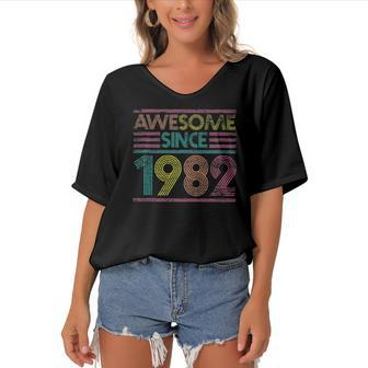 Awesome Since 1982 40Th Birthday Gifts 40 Years Old Women's Bat Sleeves V-Neck Blouse | Mazezy