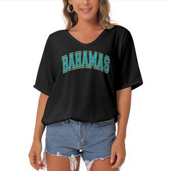 Bahamas Varsity Style Teal Text With Yellow Outline Women's Bat Sleeves V-Neck Blouse | Mazezy