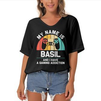 Basil Gift Name Personalized Funny Gaming Geek Birthday Women's Bat Sleeves V-Neck Blouse | Mazezy