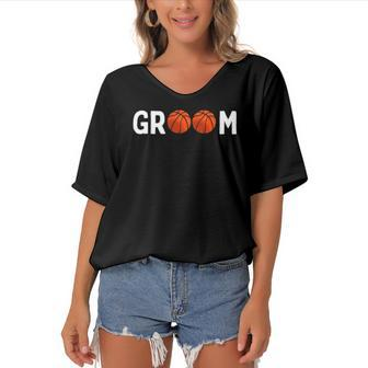 Basketball Groom Wedding Party Funny Women's Bat Sleeves V-Neck Blouse | Mazezy
