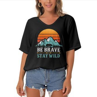 Be Brave Stay Wild Bear Mountains Vintage Retro Hiking Women's Bat Sleeves V-Neck Blouse | Mazezy