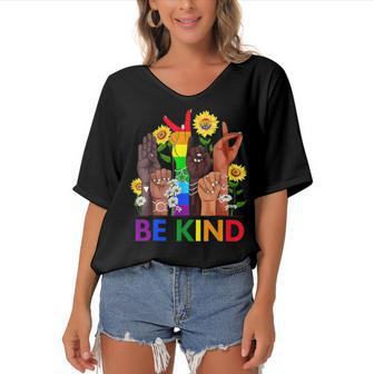 Be Kind Sign Language Hand Talking Lgbtq Flag Gay Pride Women's Bat Sleeves V-Neck Blouse | Mazezy