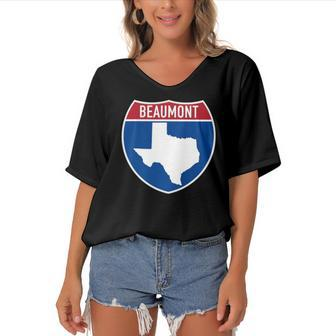 Beaumont Texas Tx Interstate Highway Vacation Souvenir Women's Bat Sleeves V-Neck Blouse | Mazezy