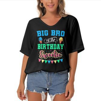 Big Bro Of The Birthday Sweetie Ice Cream Bday Party Brother Women's Bat Sleeves V-Neck Blouse | Mazezy