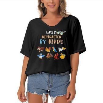 Bird Watching Bird Easily Distracted By Birds Women's Bat Sleeves V-Neck Blouse | Mazezy
