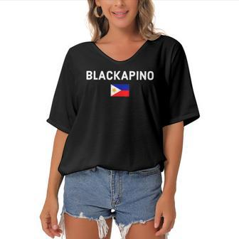 Blackapino - Half Black Half Filipino Pinoy Pride Women's Bat Sleeves V-Neck Blouse | Mazezy