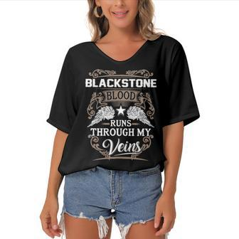 Blackstone Name Gift Blackstone Blood Runs Through My Veins Women's Bat Sleeves V-Neck Blouse - Seseable