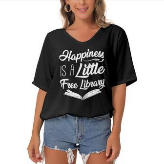 Book Reading Happiness Is A Little Free Library Women's Bat Sleeves V-Neck Blouse | Mazezy