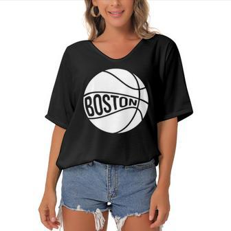 Boston Retro City Massachusetts State Basketball Women's Bat Sleeves V-Neck Blouse | Mazezy
