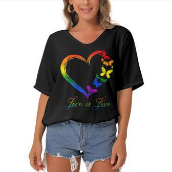 Butterfly Heart Rainbow Love Is Love Lgbt Gay Lesbian Pride Women's Bat Sleeves V-Neck Blouse | Mazezy