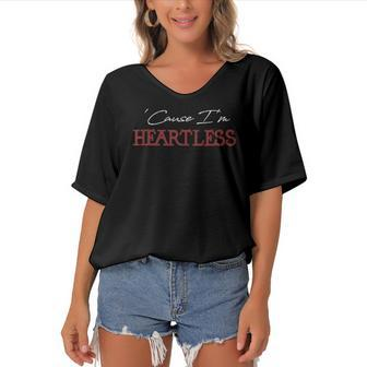 Cause Im Heartless - Red Text Navy Black Women's Bat Sleeves V-Neck Blouse | Mazezy