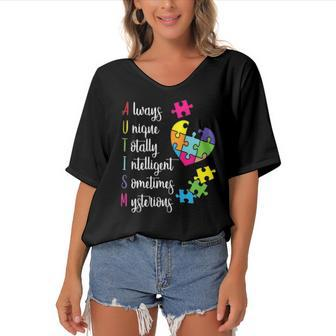 Colorful Autism Awareness Gift Design For Asd Parents Women's Bat Sleeves V-Neck Blouse | Mazezy